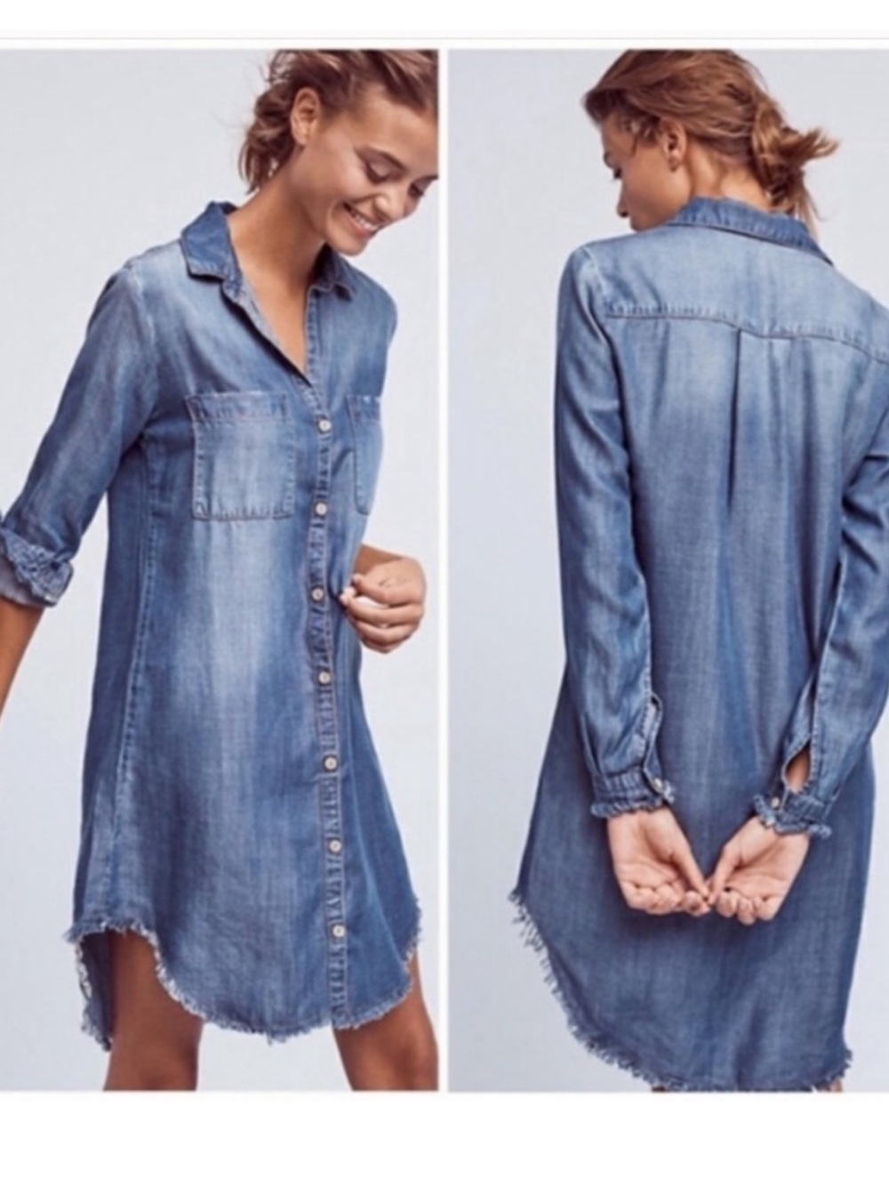 Cloth & Stone Tencel Blue Fringe Button Up Shirt Dress XS